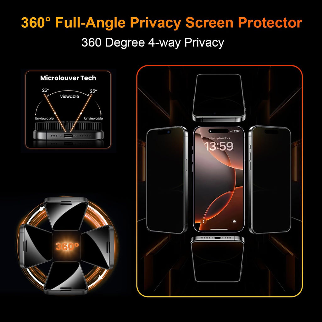 OneFish 2 Pack Privacy Screen Protector for iPhone 15 Pro Max - 4-Way 360° Anti-Spy Tempered Glass, 9H Hardness, 3D Curved Edges, Case-Friendly & Easy Installation