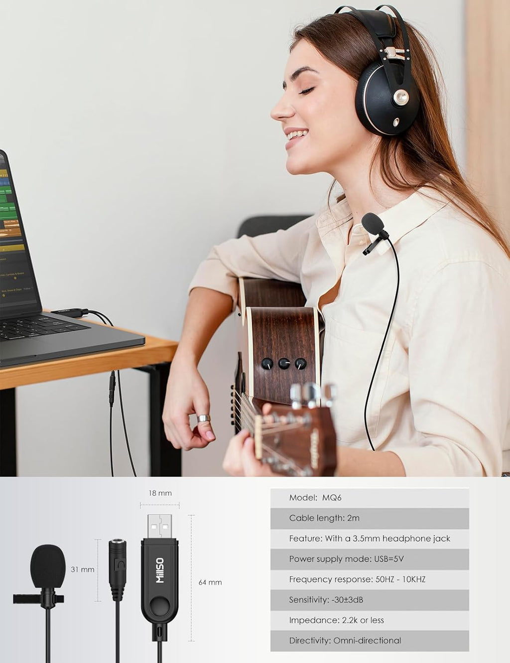 MillSO USB Lavalier Microphone with Headphone Jack Omnidirectional External Lapel USB PC Microphone for Computer, Laptop, YouTube, Meeting, Recording, Podcasting, Gaming - 2M/6.5FT
