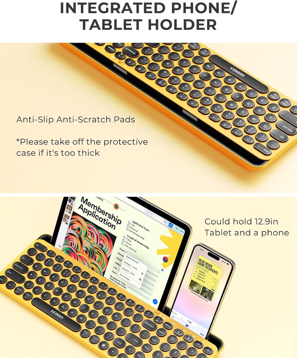 seenda Bluetooth Keyboard and Mouse for iPad, CTU-301 Multi-Device Bluetooth + 2.4G Wireless Keyboard Mouse with Tablet Holder for MacBook/Windows Computer, iOS/Andriod Tablet Phone, Yellow