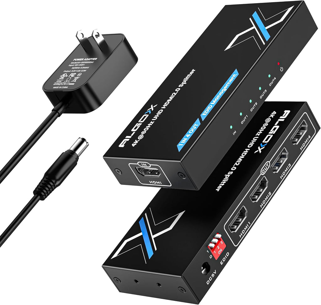4K HDMI Splitter 1x4 withEDID, 4K@60Hz HDR HDMI 2.0 18Gbps HDMI Duplicator Support HDCP 2.2 for Switch2 Apple TV, PS5, Xbox, Roku, Projector... (4K@60Hz 1 in 4 Out)