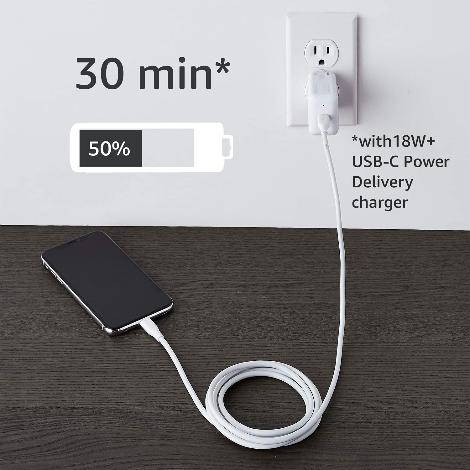 Amazon Basics USB - C to Lightning ABS Charger Cable, MFi Certified Charger for Apple iPhone 14 13 12 11 X Xs Pro, Pro Max, Plus, iPad, 6 foot, White
