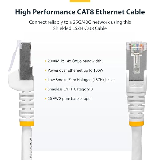 StarTech.com 1ft White CAT8 Ethernet Cable, Snagless RJ45, 100W PoE++, 26AWG - Image 2
