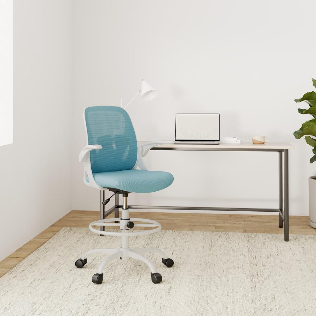 Primy Drafting Chair Tall Office Chair with Flip-up Armrests Executive Ergonomic Computer Standing Desk Chair with Lumbar Support and Adjustable Footrest Ring（Blue）