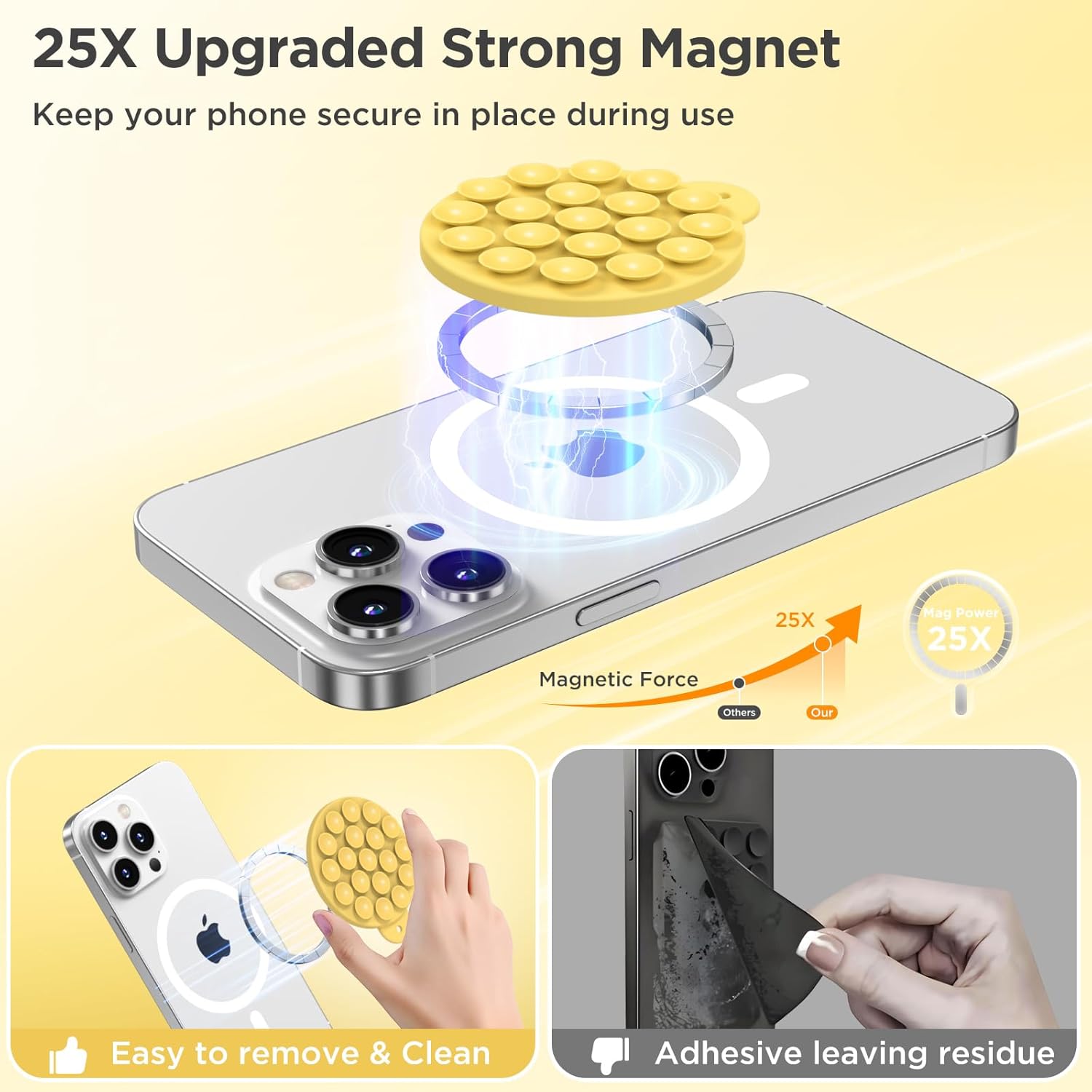 Magnetic Suction Cup Phone Mount for MagSafe Case, Silicone Hands-Free Grip Holder for iPhone and Android, Mirror Shower Phone Stand for Makeup FaceTime Gym Kitchen Bathroom, Yellow
