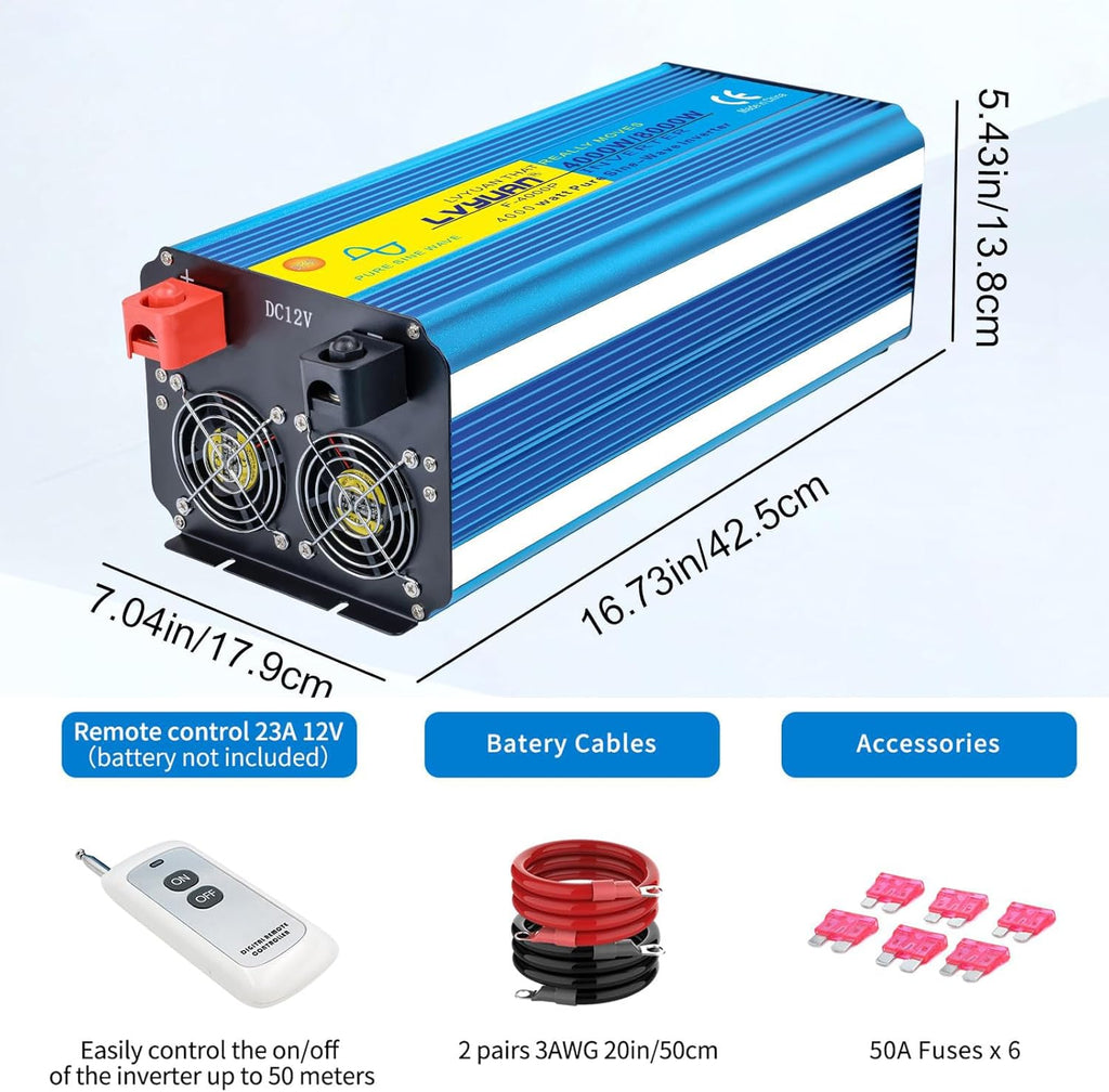 Yinleader 4000W Pure Sine Wave Power Inverter 12V DC to AC 110V-120V Converter for Family Vehicle RV Truck Solar System/Road Trip/Camp/Emergency w/4 AC Charger Outlets LED Display Remote Controller