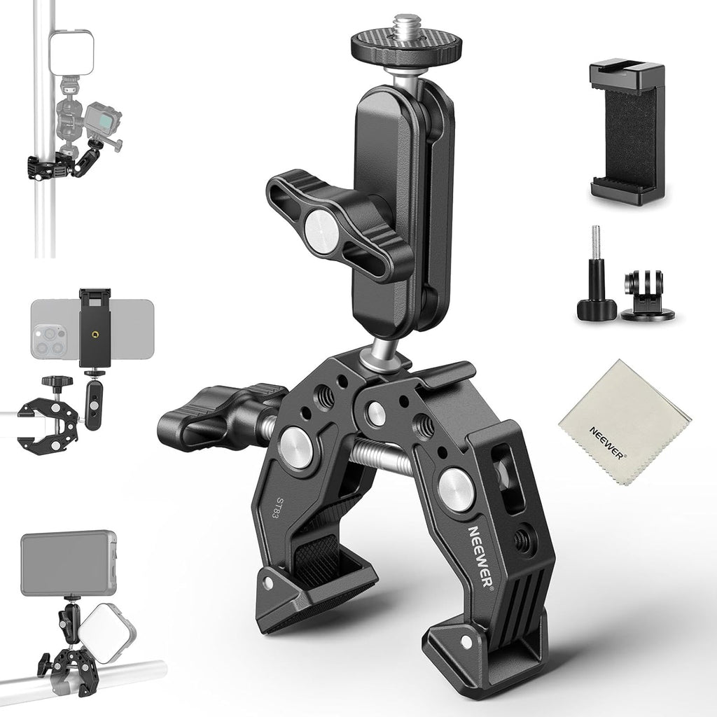 NEEWER Super Clamp Magic Arm Camera Mount with Phone Holder Action Cam Adapter Ball Heads 1/4" Threads Cold Shoe Cleaning Cloth Compatible with SmallRig GoPro for Desk Tripod Crossbar Gimbal Rod, ST83