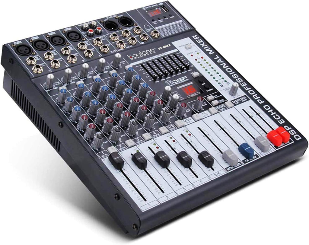Boytone BT-60MX, 6 Channel Bluetooth Audio Mixer - DJ Sound Controller, USB MP3 Player, 4 XLR Microphone Jack, 7 Band EQ, 16 DSP Digital Multi Effects Processor, RCA IN-OUT Jack, 48V Phantom Power