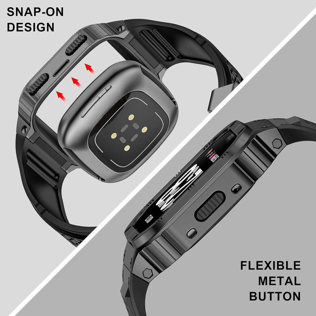 MioHHR Stainless Steel Case and Band Compatible with Fitbit Versa 4/3/2/Lite/Sense/Sense 2 Bands with Metal Case, Rugged Sports Protector Cover Silicone Wristbands for Men, Grey