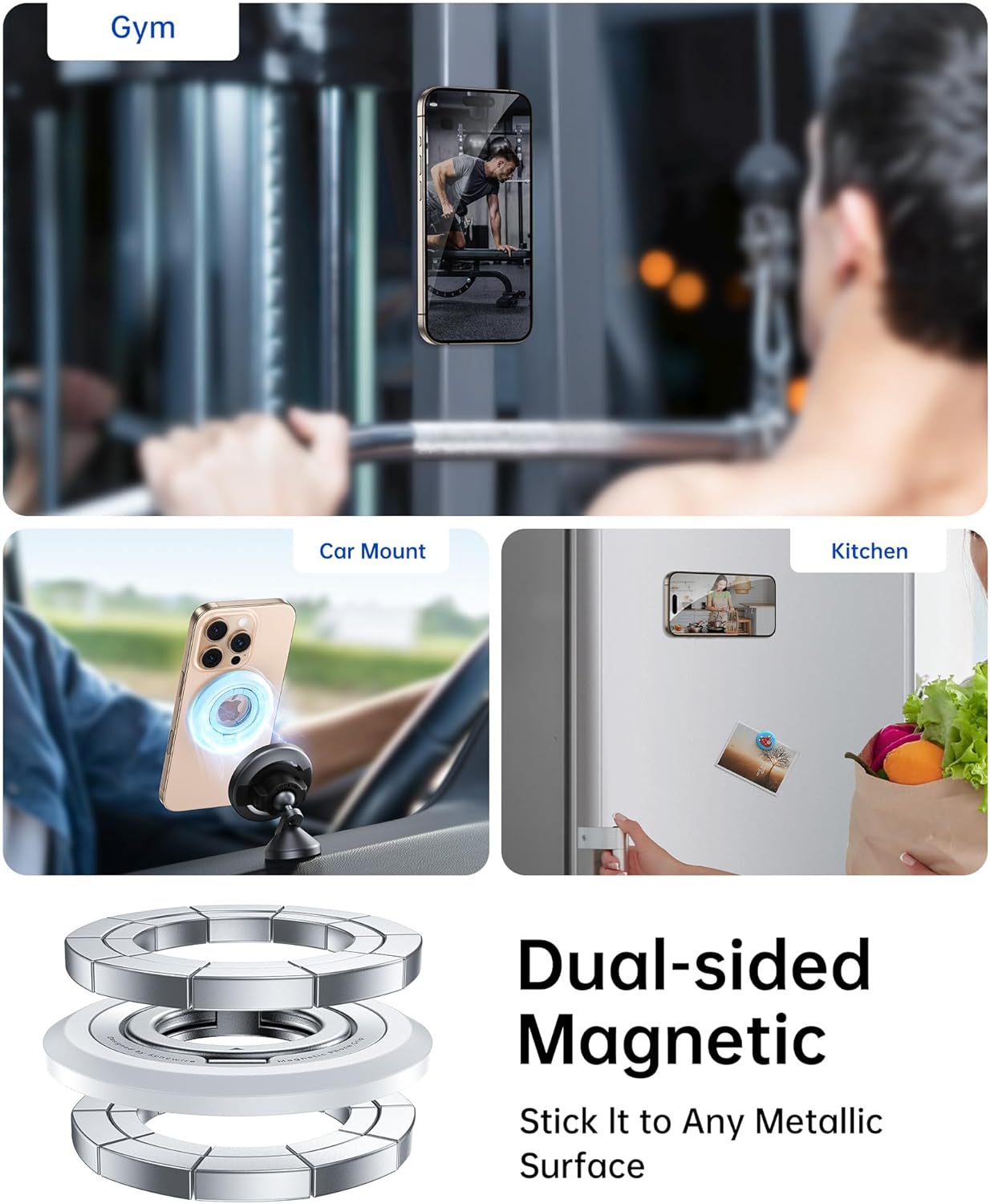 SYNCWIRE Phone Ring Holder Grip for MagSafe, 360° Rotation Magnetic Cell Phone Grip Stand Two-Sided Magnetic Compatible with iPhone 16 15 14 13 12 Pro Max fits MagSafe Accessories - White