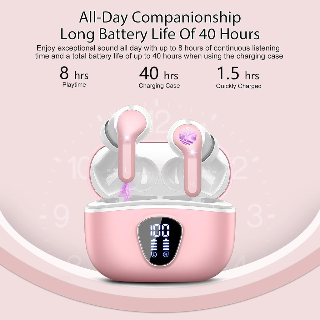 Wireless Earbuds, Bluetooth 5.4 Headphones HiFi Stereo, Bluetooth Earbuds with ENC Noise Cancelling Mic, IP7 Waterproof in Ear Earphones, 48H, LED Display Ear buds for Pad Phone Workout Sports, Pink
