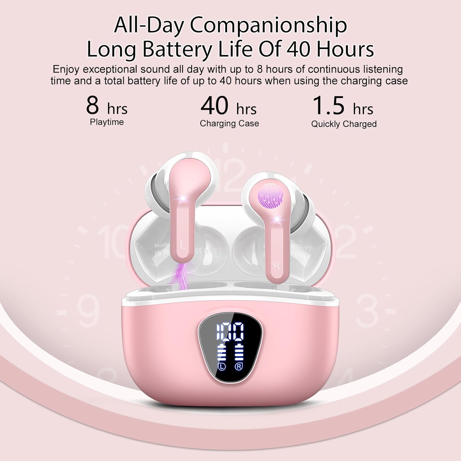Wireless Earbuds, Bluetooth 5.4 Headphones HiFi Stereo, Bluetooth Earbuds with ENC Noise Cancelling Mic, IP7 Waterproof in Ear Earphones, 48H, LED Display Ear buds for Pad Phone Workout Sports, Pink
