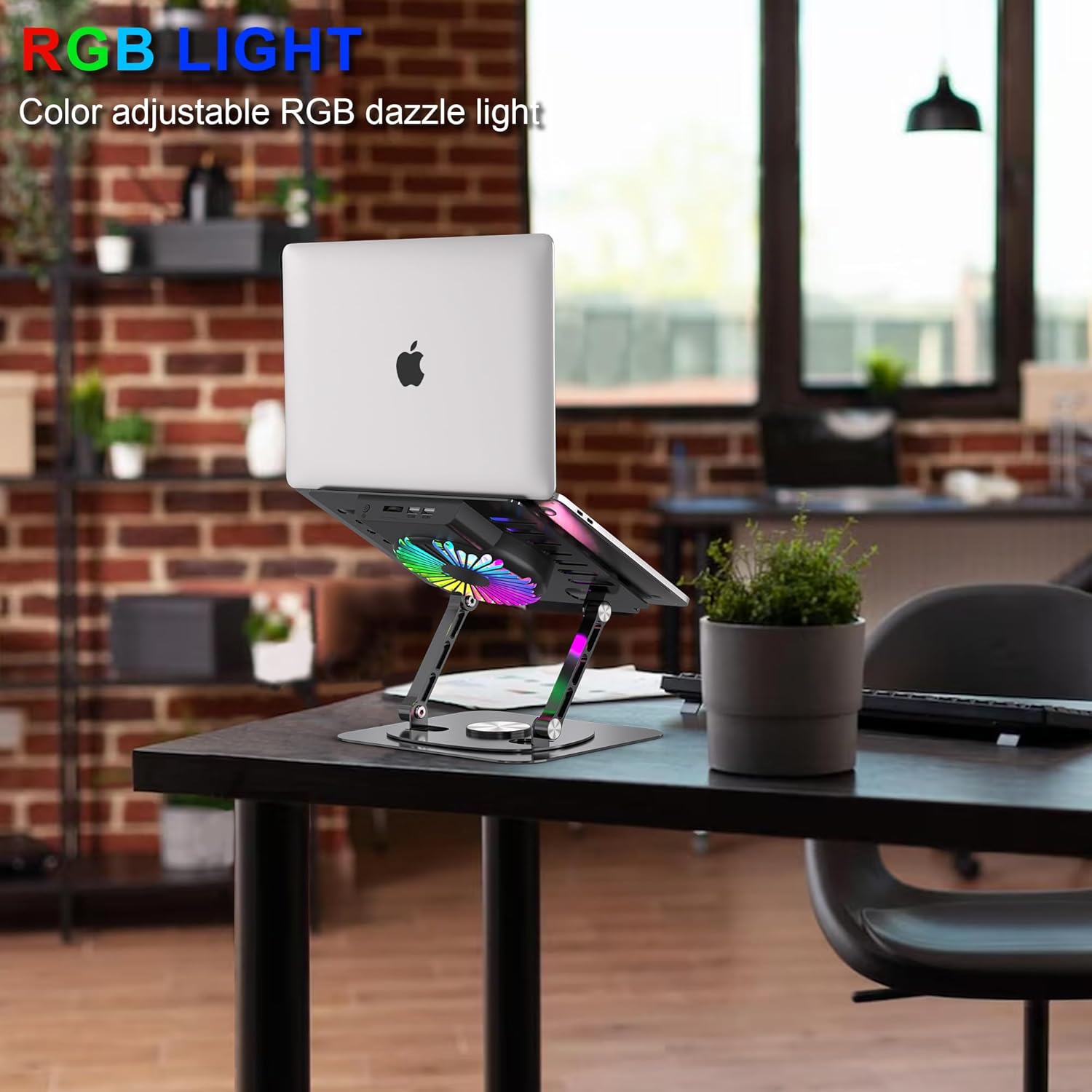 Laptop Stand,with 360°Rotating Base,External Cooling Fan,Adjustable RGB Lighting,Ergonomic Foldable Notebook Computer Holder.Compatible with All 10-17" Laptops Tablets,Black