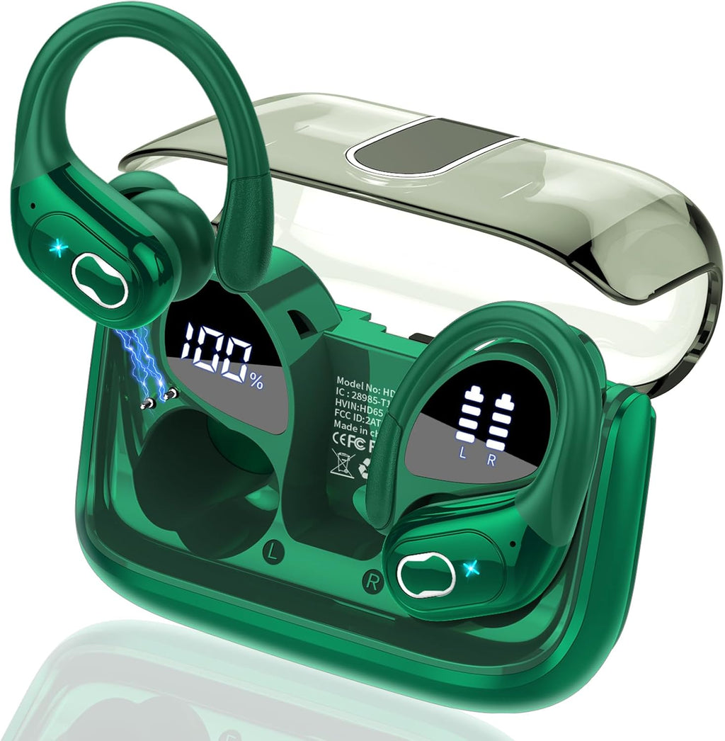 Wireless Earbuds 75hrs Bluetooth 5.4 Headphone Sport, 2025 Bluetooth Earbuds Stereo Deep Bass Over Ear Bud with Earhooks, ENC Noise Cancelling Mic, IPX7 Waterproof Earphone, Dark Green