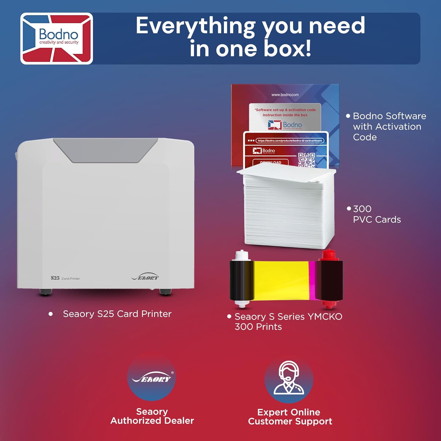 Bodno Seaory S25 Single Sided ID Card Printer & Complete Supplies Package ID Software - Silver Edition