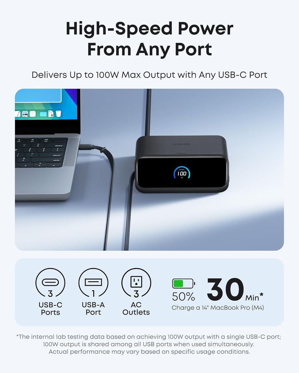Anker Nano Charging Station, 7-in-1 USB-C Power Strip for iPhone 16, 2.3 ft Anker InstaCord Retractable Cable, 3 USB-C, 1 USB-A, 3 AC, 100W Desktop Fast Charging for MacBook, Home, Office(Non-Battery)