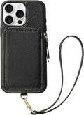 ZVE Wallet Case for iPhone 15 Pro, Phone Case with Card Holder with Wrist Strap RFID Blocking Zipper Leather Cover for Women for iPhone 15 Pro, 6.1"(2023) - Black