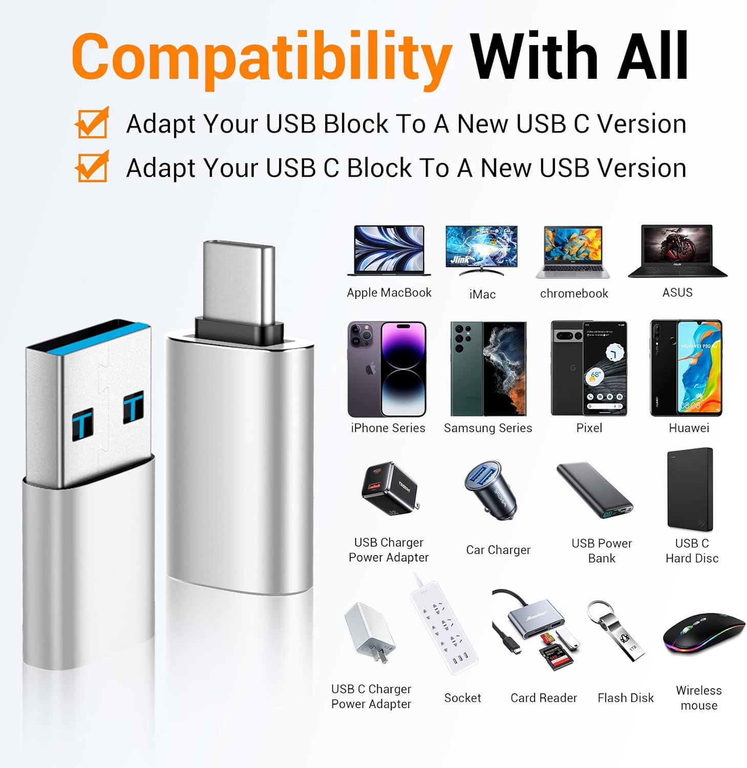 𝟒𝐏𝐚𝐜𝐤 𝐔𝐩𝐠𝐫𝐚𝐝𝐞𝐝 USB to USB C Adapter,USB C Male to USB 3.0 Female OTG Converter for iPhone 16 15 14 13 Plus Pro Max,Apple Watch,Airpods,S24 Ultra, Gender Changers OTG Adapters - Silver