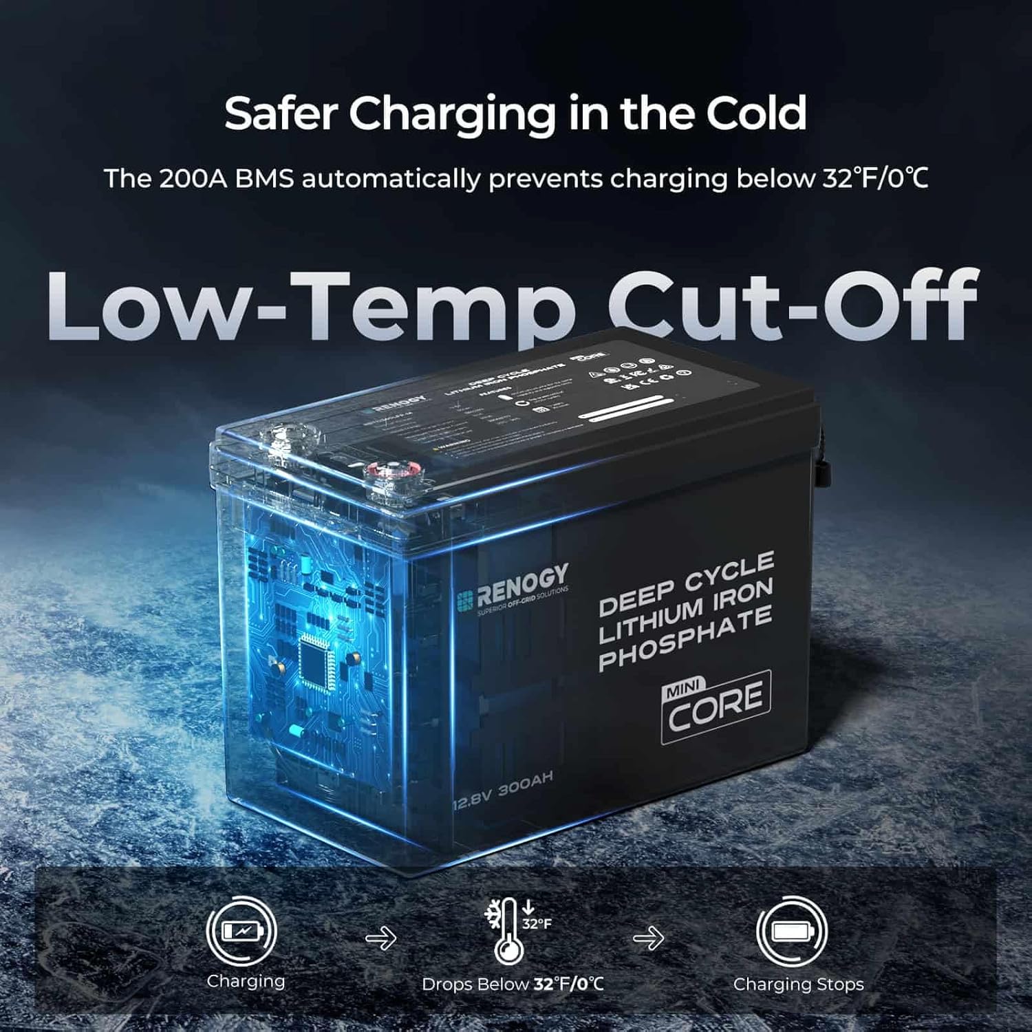 Renogy 12V 300Ah Mini Size LiFePO4 Lithium Battery, 200A BMS for Ultimate Safety, Deep Cycle w/Remote Monitoring Compatibility, Backup Power for RVs, Cabins, Marine, home storage - Core Series