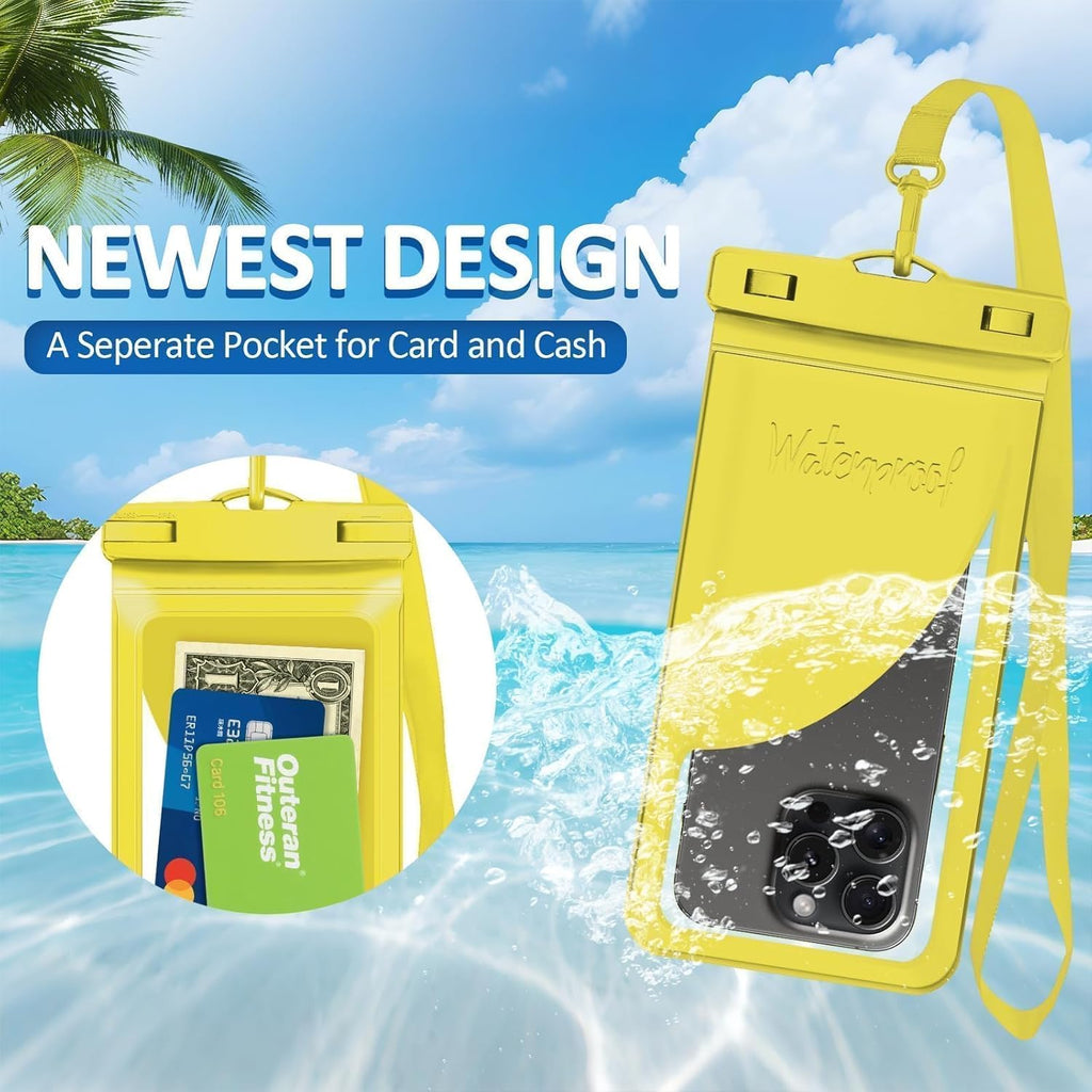 Universal Waterproof Phone Case,with Inside Card, Certified and Lightweight Waterproof Cellphone Pouch Under Water Beach Accessories for iPhone 16 15 14 13 Pro Max, 1 Pack-Yellow-8.3″