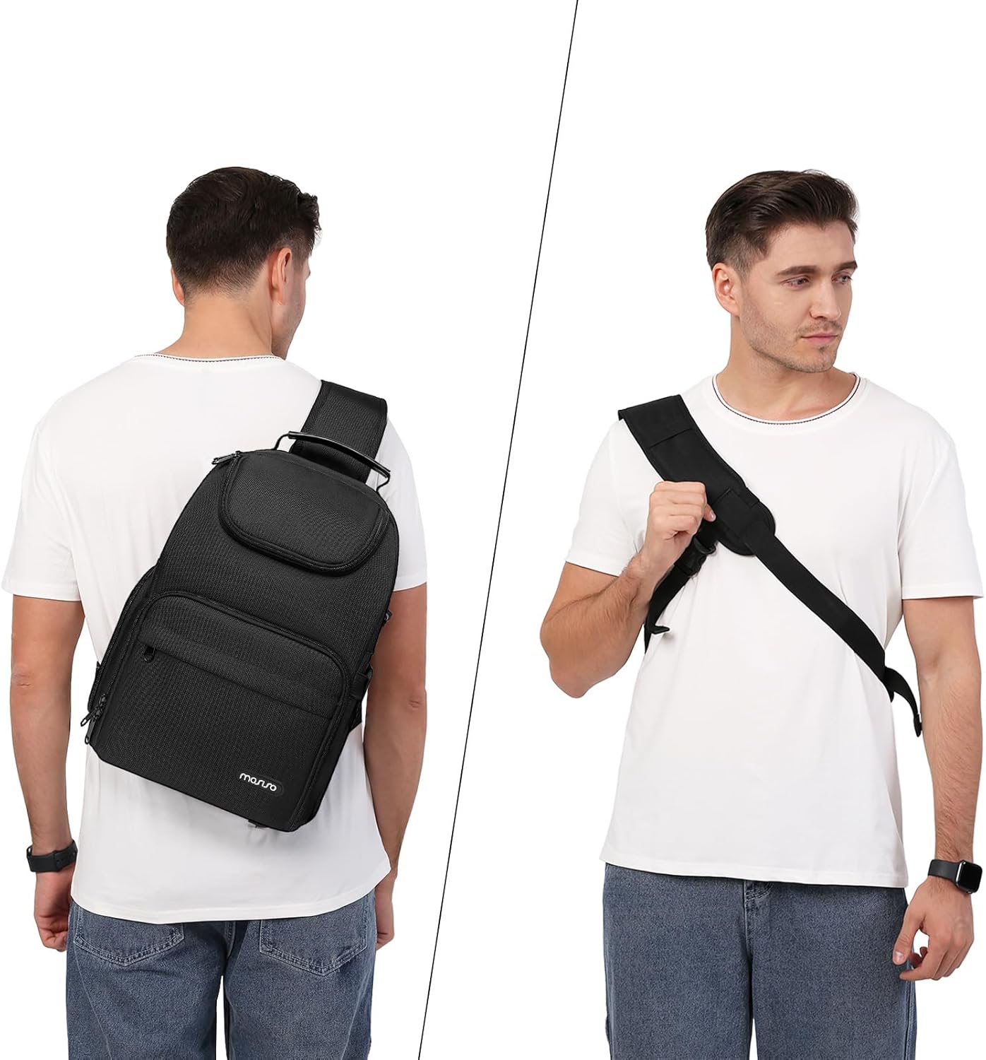 MOSISO Camera Sling Bag, DSLR/SLR/Mirrorless Camera Case Crossbody Photography Backpack with Tripod Holder&Removable Modular Inserts&PU Handle Compatible with Canon/Nikon/Sony, Black