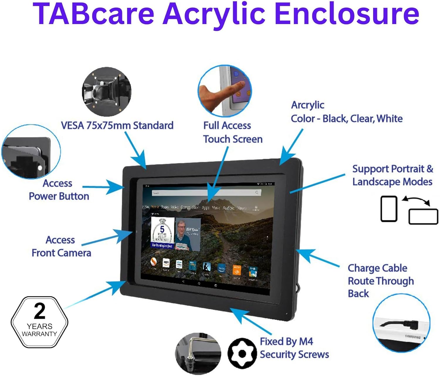 TABcare Anti-Theft Acrylic VESA Enclosure for Galaxy TAB A7 Lite 8.7" SM-T220 Tablet with Free Wall Mount Kit & 90-Degree Angle USB C Cable (TAB A7 Lite, Black)