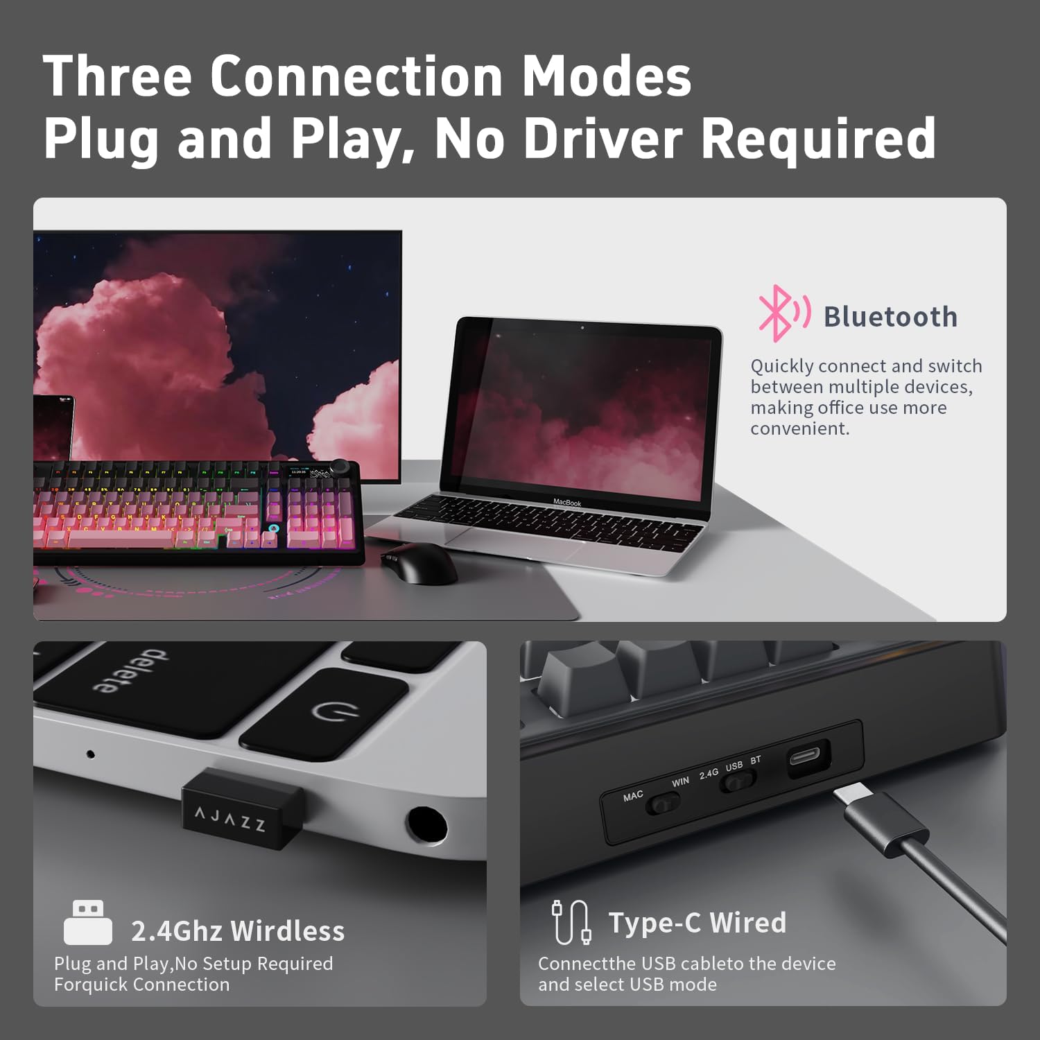 NACODEX Ajazz AK980 Pink Gaming Machanical Keyboard Gift Switch Full Size RGB Gasket Mount 8000mAh Triple Modes Custom Keyboard with Five Layer Pad | Knob Control