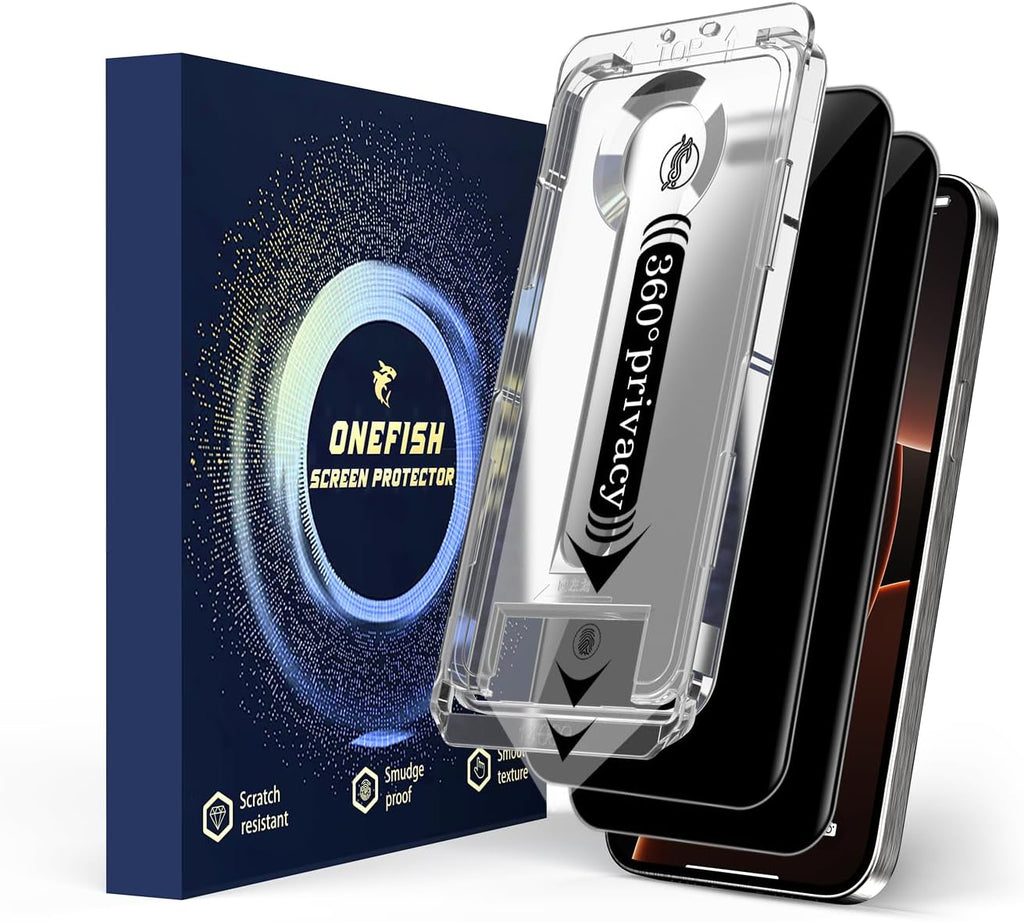 OneFish 2 Pack Privacy Screen Protector for iPhone 16e/13/13 Pro/14-4-Way 360° Anti-Spy Tempered Glass, 9H Hardness, 3D Curved Edges, Case-Friendly & Easy Installation