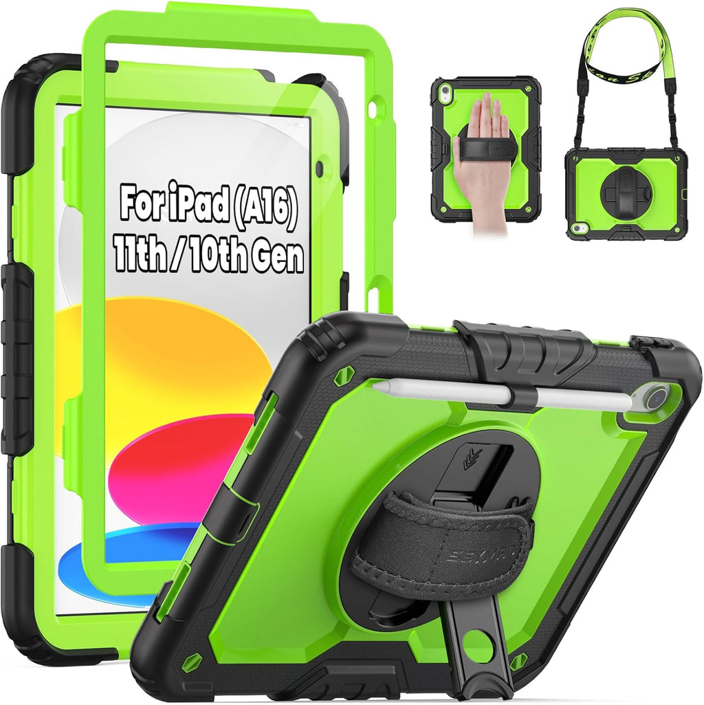 SEYMAC Case for iPad (A16) 11th/10th Generation 2025/2022 (11″/10.9″), Sturdy Heavy Duty Full-Body Shockproof Protective Case with Screen Protector, Rotating Stand, Hand/Shoulder Strap, Black/Green