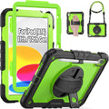 SEYMAC Case for iPad (A16) 11th/10th Generation 2025/2022 (11″/10.9″), Sturdy Heavy Duty Full-Body Shockproof Protective Case with Screen Protector, Rotating Stand, Hand/Shoulder Strap, Black/Green