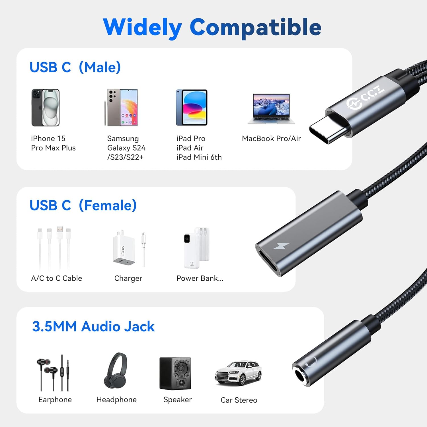 5PCS USB C Splitter for KZ ZS10 PRO, CCZ CA01 USB C to 3.5mm Audio Headphone and Charger Adapter, Type C Headphone Splitter 1 in 2 Out, Dongle Audio Cable DAC for Samsung Galaxy S25/S24 (USBC-3.5MM)