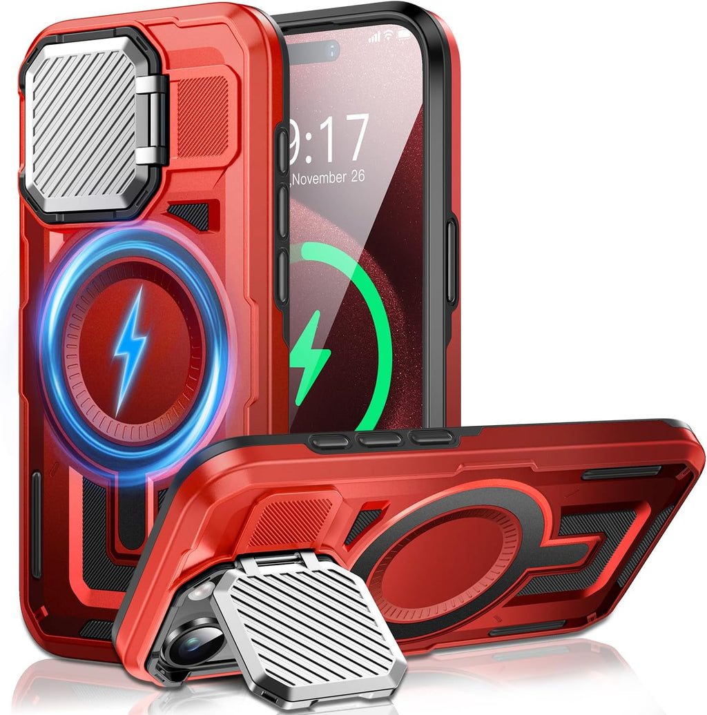 Camera Stand Case for iPhone 15 Pro, [Compatible with MagSafe] [Lens Cover] 2024 Version Military Grade Protective Soft Case for iPhone 15 Pro 6.1 inch Men Women, Red