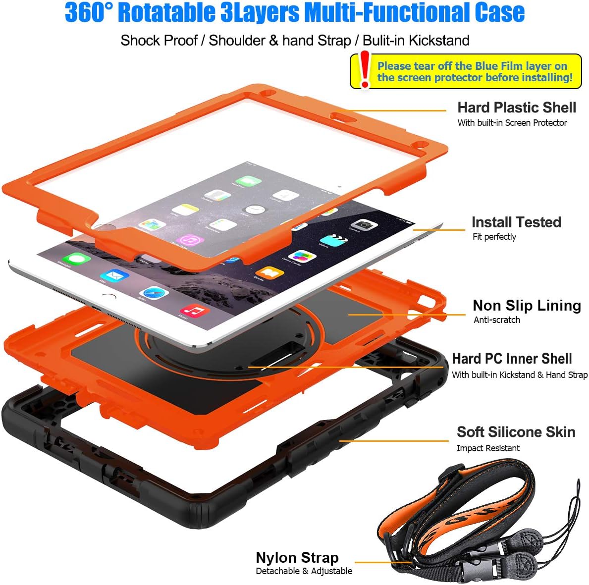 SEYMAC stock Case for iPad 6th / 5th Generation Case/Air 2 / Pro 9.7 inch, Heavy Duty Protective with Screen Protector, with Pencil Holder, Hand Strap, Shoulder Strap, 360 Rotate Stand, Orange+Black