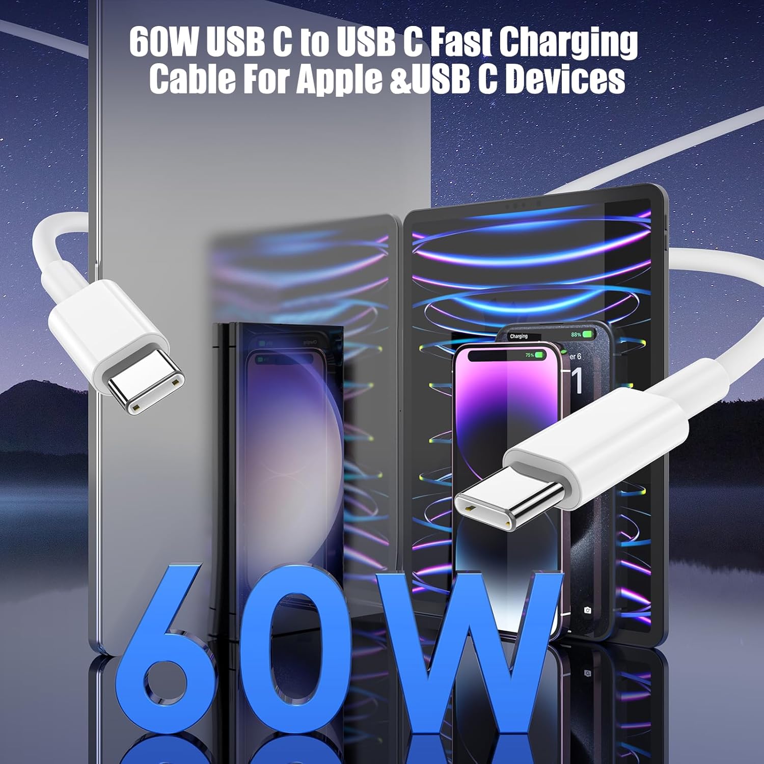 2-Pack 10FT 60W USB C to USB C Cable, Type C to Type C Cable,Fast Charging Cable Compatible with iPhone 15/Plus/15 Pro/Pro Max，Samsung Galaxy S23 S22, iPad Pro, MacBook Air and More