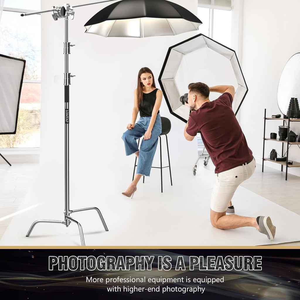 LOMTAP C Stand Light Stand Stainless Metal Photography Kit - Heavy Duty 10.8ft/330cm Vertical Pole, 4.2ft/128cm Boom Arm, Adjustable Base, Water Sandbag, 2 Grip Heads, 3 Clips for Softbox, Reflector