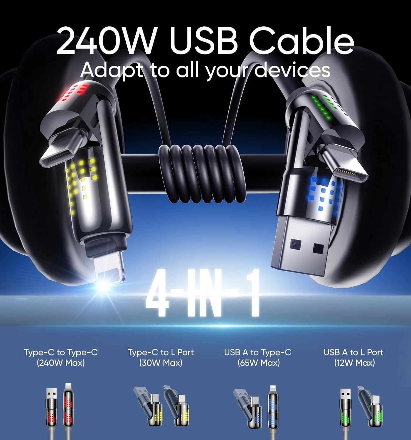 MAGIC JOHN 240W 4 in 1 Charging Cable, 4FT USB C to Lightning Cable [MFi Certified], Multi Chargers for All Devices, Chubby USB A/C to C/Lightning with Light for iPhone/MacBook/iPad/Samsung/Switch 2