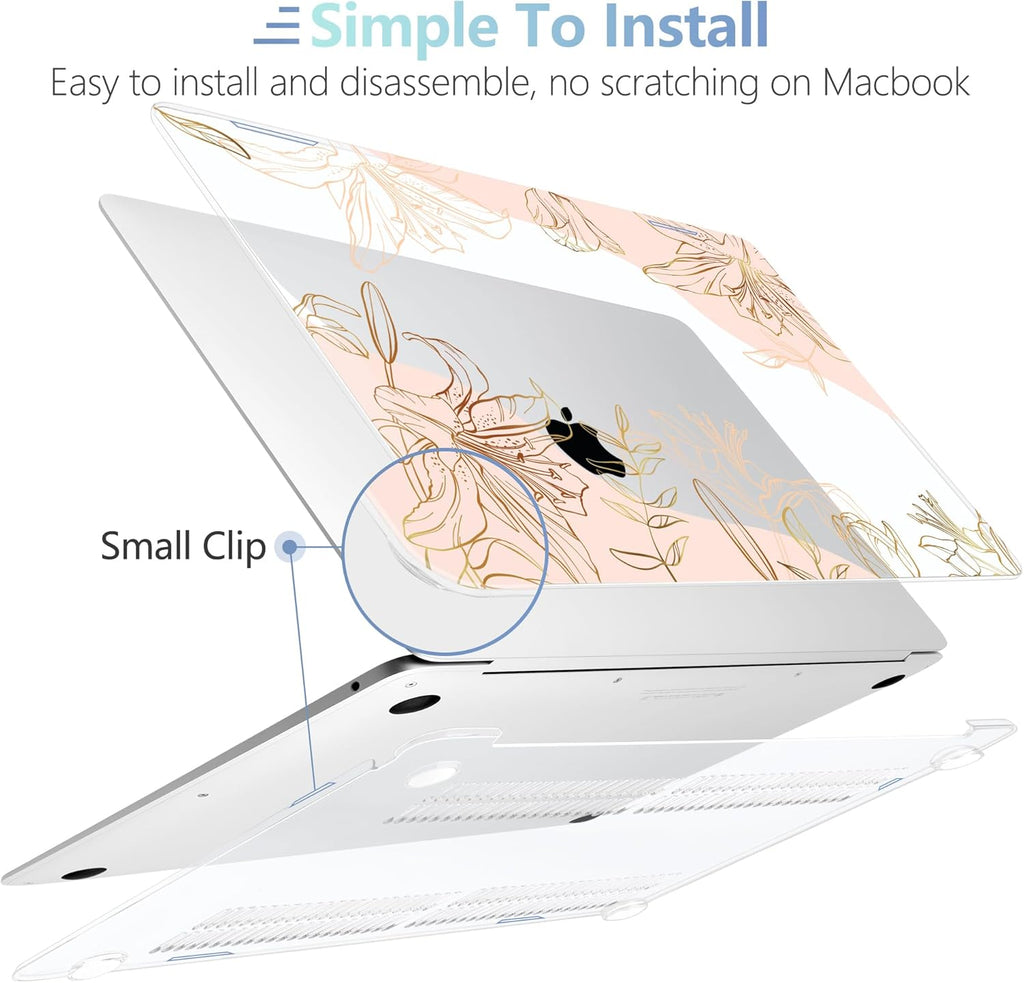 MEEgoodo for MacBook Air 13 inch Case 2021 2020 2019 2018 Released A2337 M1 A2179 A1932 with Touch ID, Plastic Hard Shell & Keyboard Cover Compatible with MacBook Air Case 13.3, Gold Flowers Lilies