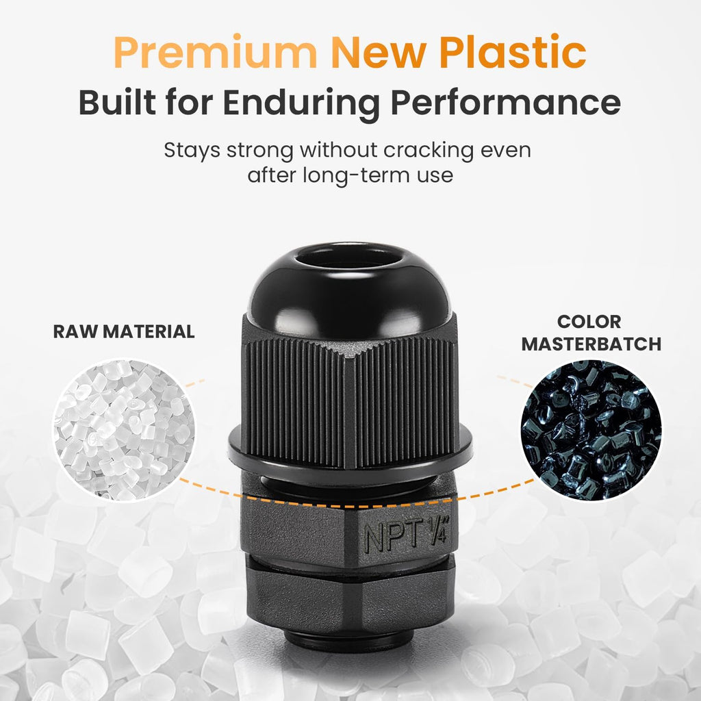 QILIPSU 50pcs 1/4" NPT Cable Gland Waterproof IP68 Nylon Cable Pass Through Cord Grip Connector Strain Relief Wire Grommet