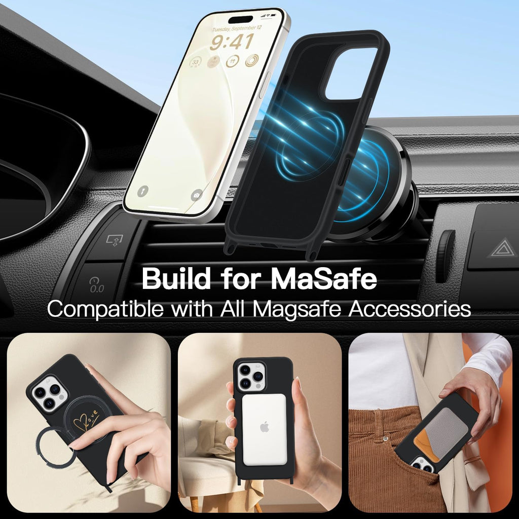 Crossbody Case for iPhone 16 Pro with Strap, [Compatible with MagSafe], Cute Love Heart Silicone Phone Case with Neck Lanyard for Girls Women