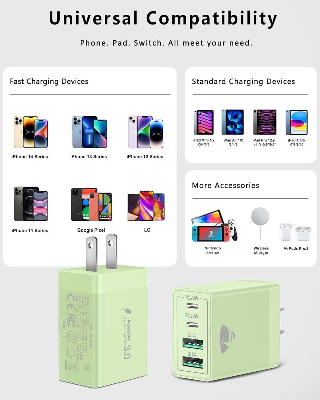 USB C Wall Charger 2-Pack, 40W 4-Port USB C Charger Block PD Power Delivery Fast Type C Charging Block Plug for iPhone 16/15/14/13/12/11/Pro Max, XS/XR/X, iPad, Samsung, Android Phones Charger Cube