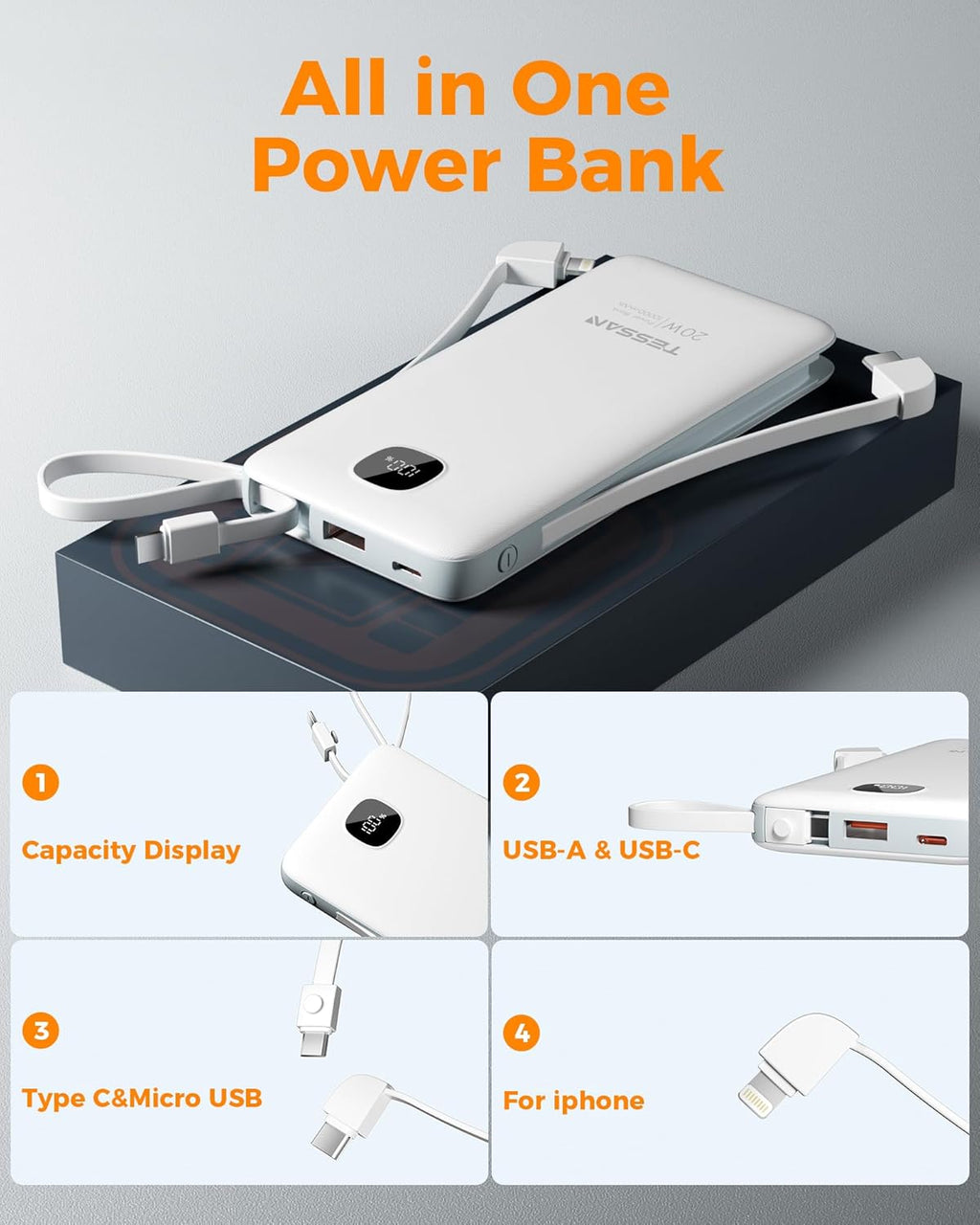 TESSAN Portable Charger with Built in Cables, 10000mAh Power Bank Fast Charging with Foldable Wall Plug Charger, 20W Compact Battery Pack Travel Essentials for iPhone 16/15 Series, Samsung, Tablets