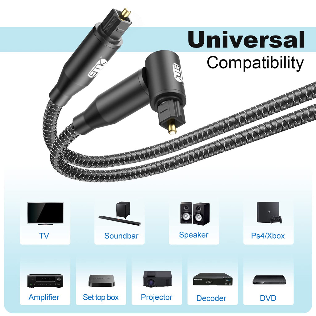 EMK 90 Degree Right Angle Optical Audio Cable [8ft/2.4M] - 360° Rotatable Digital Toslink SPDIF Cable for Soundbar to TV, Home Theater - Black Fiber Optic Cable with Angled Connector