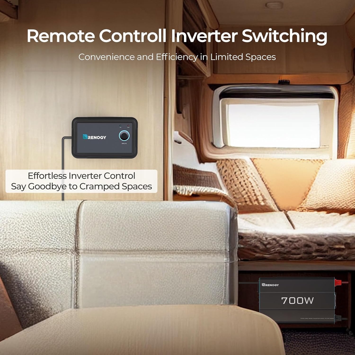 Renogy Inverter P2 700 watt Pure Sine Wave Inverter, Solar Car Power Inverter 12V to 120V AC Converter for RV, Truck, Camping, Home Backup, Outdoor, Emergency, Off-Grid Living, 16.4FT Remote Control