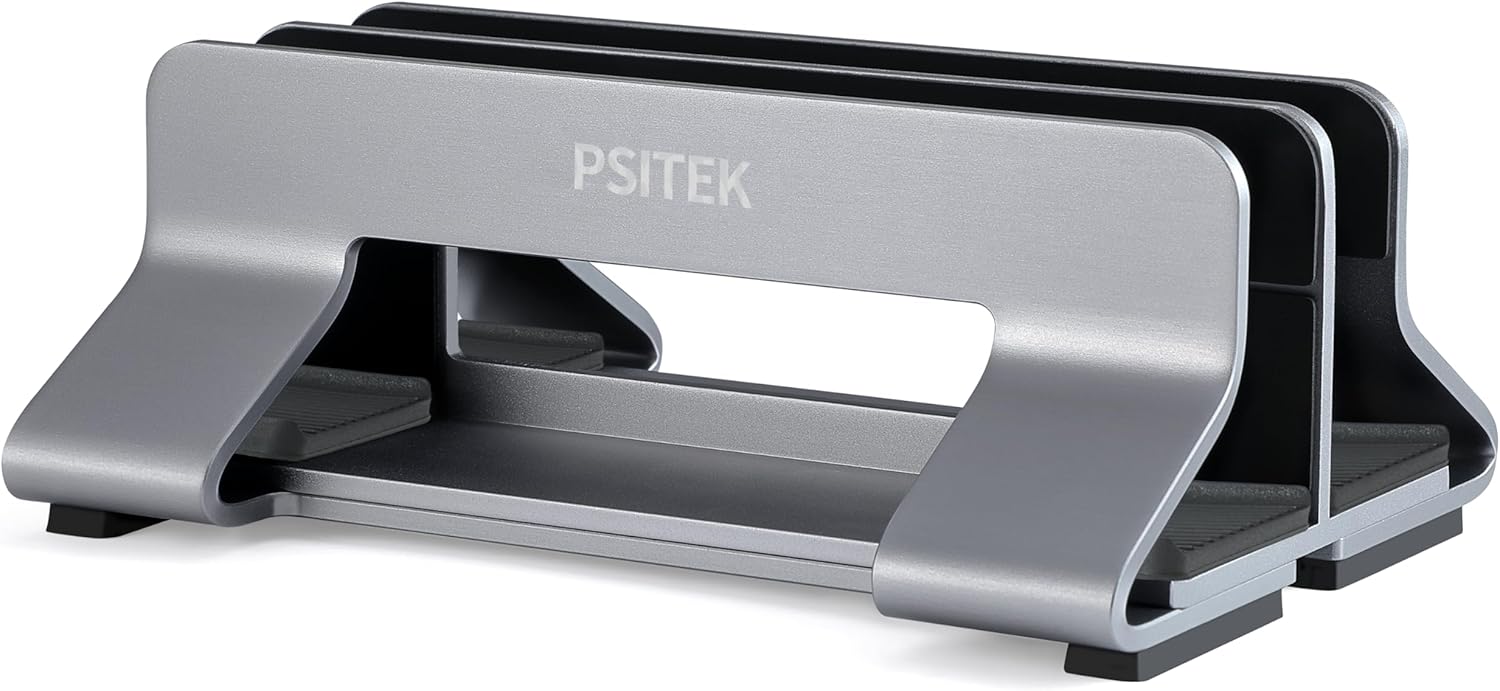 Aluminum Dual Vertical Laptop Stand Dock Holder, Supports 2 Devices, Adjustable Slot Width 15-36mm, Space-Saving Upright Storage for MacBook and Laptops