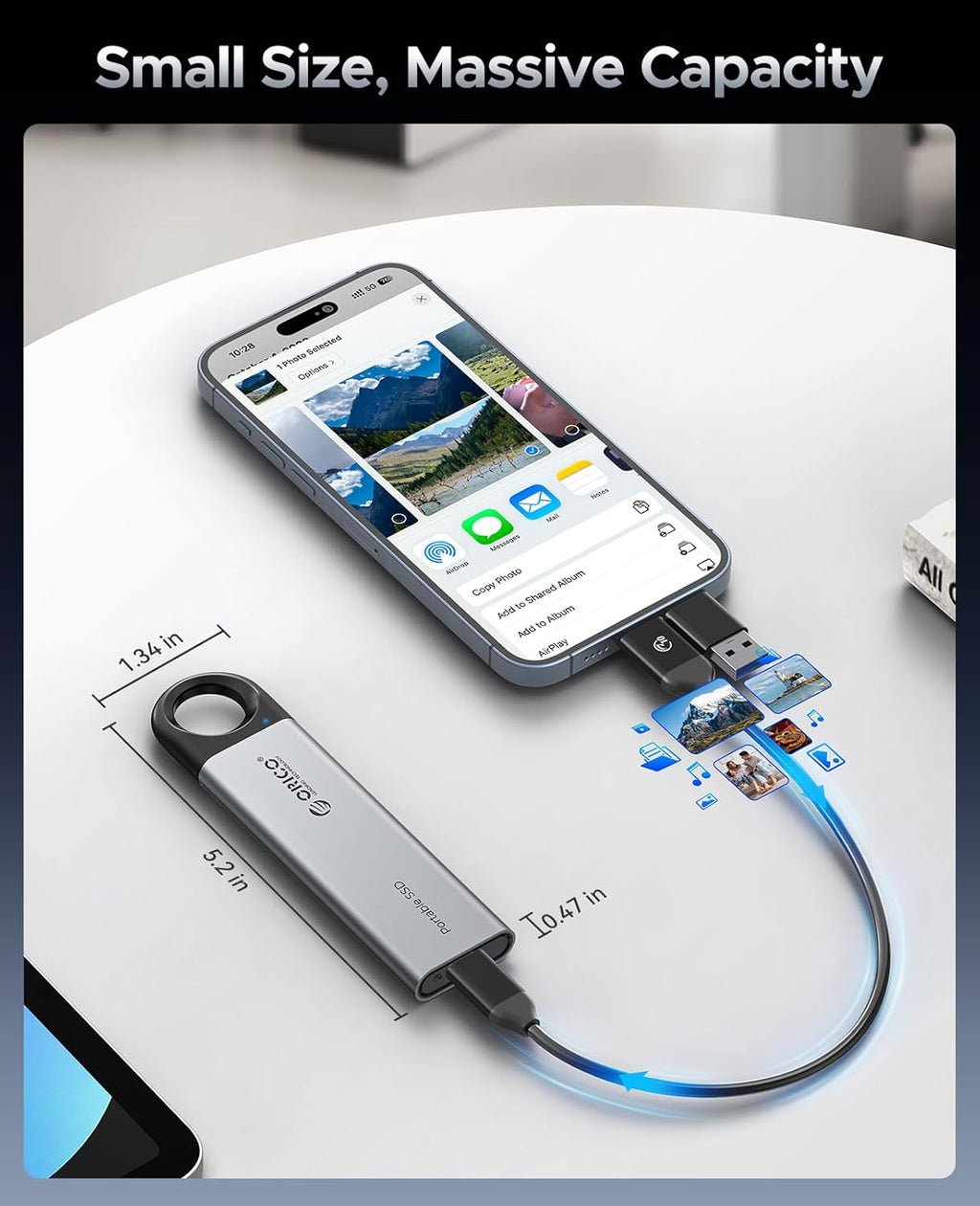 ORICO 1TB External SSD Up to 1050MB/s, Hanging Hole Design Portable Solid State Drive, USB C&A 2 in 1 Cable, Reliable Storage for Type-C Smartphone, Tablets, Laptops - C10