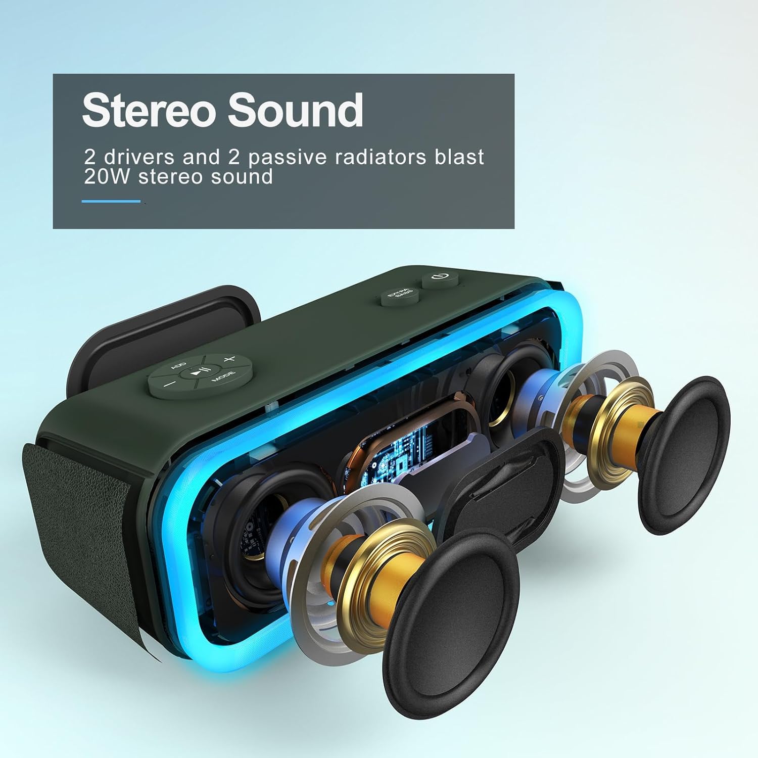 DOSS SoundBox Pro Bluetooth Speaker with 20W Stereo Sound, Active Extra Bass, IPX6 Waterproof, TWS Pairing, Multi-Colors Lights, 20H Playtime, Portable for Outdoor-Cypress Green