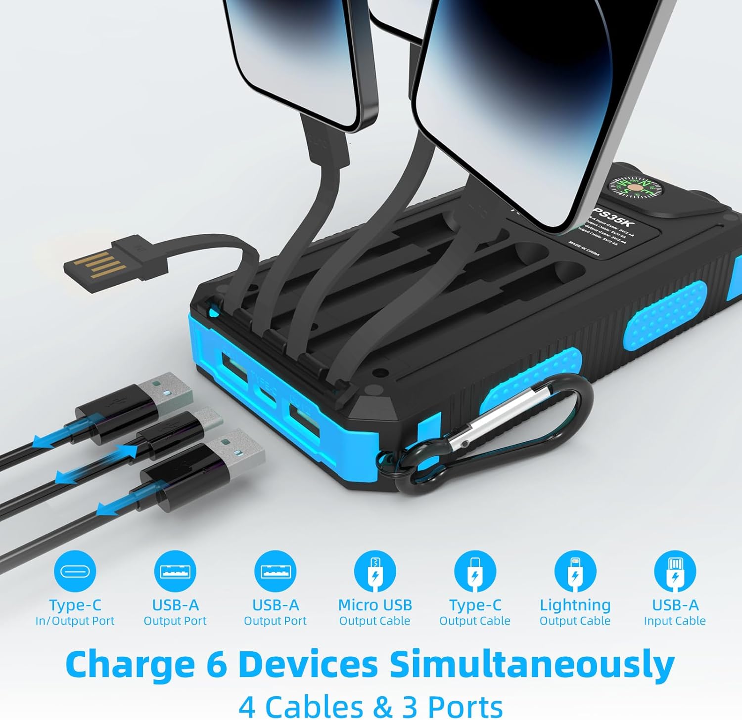 Solar Charger, 20000mAh Portable Type-C Solar Power Bank with 4 Cables, Waterproof Battery Pack, Outdoor External Backup Power Charger Six Outputs/LED Flashlights, Perfect for Camping Travel