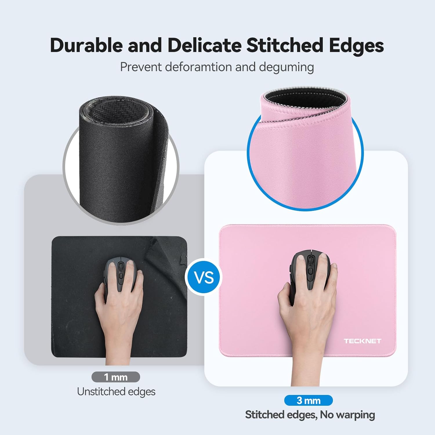 TECKNET Mouse Pad with Anti-fray Stitchin, Waterproof Surface & Non-Slip Rubber Base with Stitched Edges Gaming Mouse Mat for Laptop，Compatible with Laser and Optical Mice - Pink