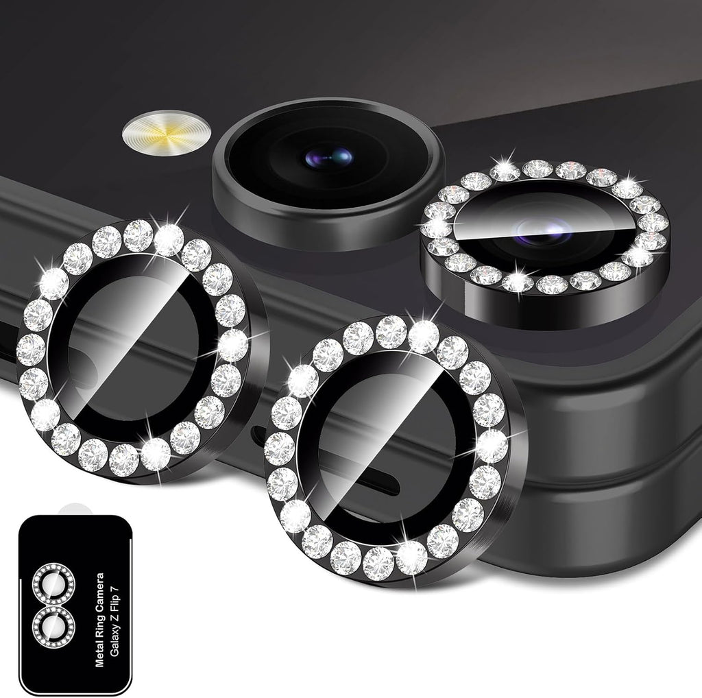 for Samsung Galaxy Z Flip 7 Camera Lens Protector, Individual Metal Ring Tempered Glass Lens Cover, [Strong Adsorption] Scratch Resistant Ultra-Thin HD Clear Lens Cover, 1 Set-Black Diamond