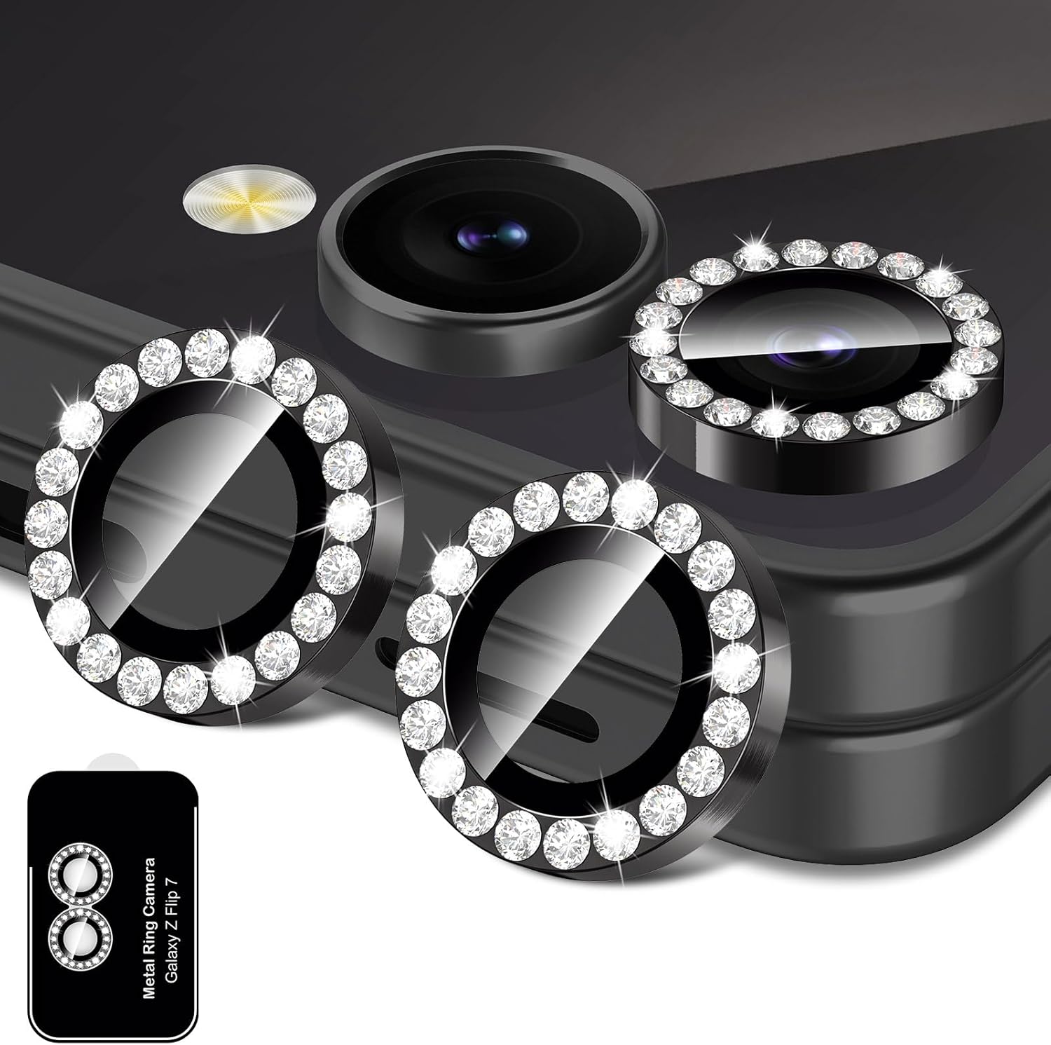 for Samsung Galaxy Z Flip 7 Camera Lens Protector, Individual Metal Ring Tempered Glass Lens Cover, [Strong Adsorption] Scratch Resistant Ultra-Thin HD Clear Lens Cover, 1 Set-Black Diamond