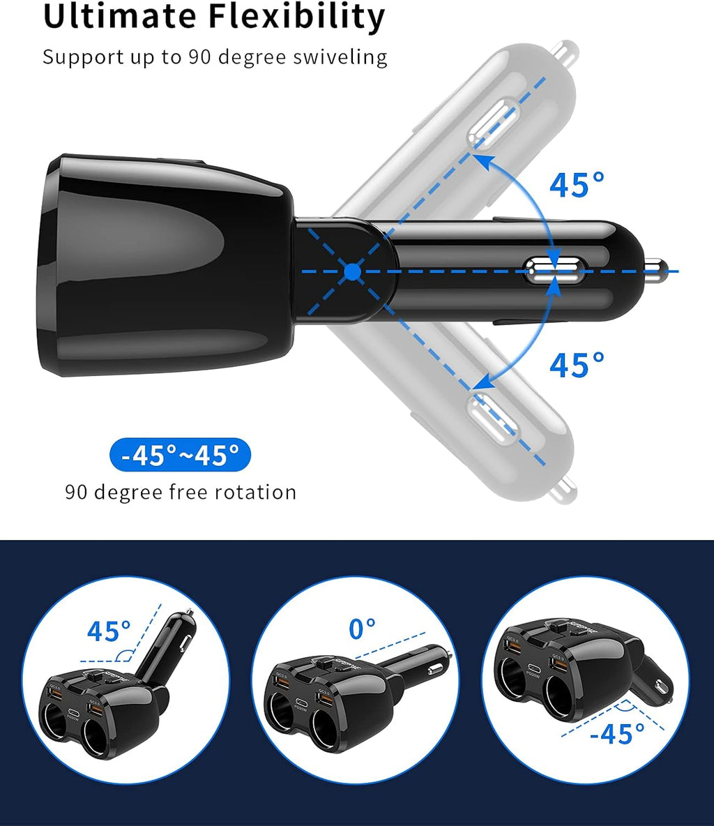 [2025 Upgraded] Cigarette Lighter Splitter, SUPERONE 180W 2-Socket Cigarette Lighter Adapter with Dual QC3.0 and 20W PD USB C Car Charger Splitter for GPS/Dash Cam/Laptop/iPad/iPhone 16/15/14/13/12/11